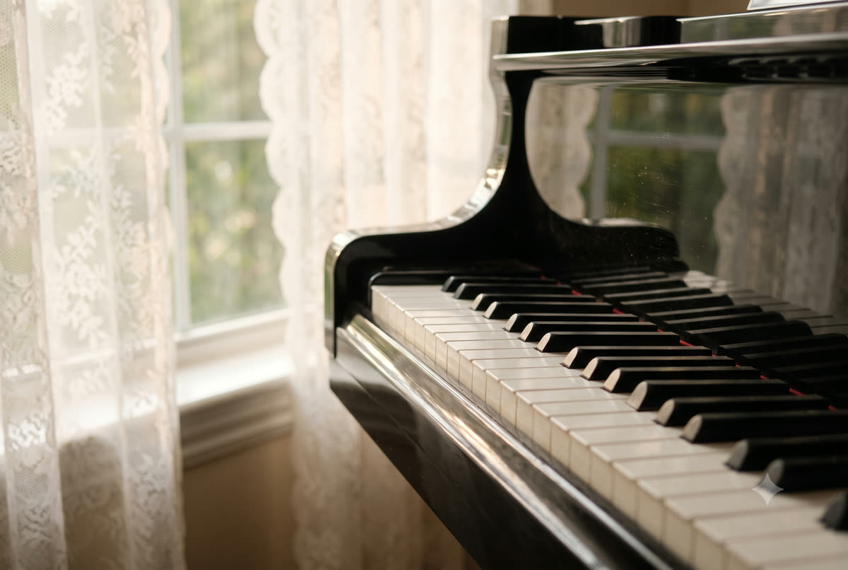 窓からの光が差し込む音楽教室のグランドピアノ